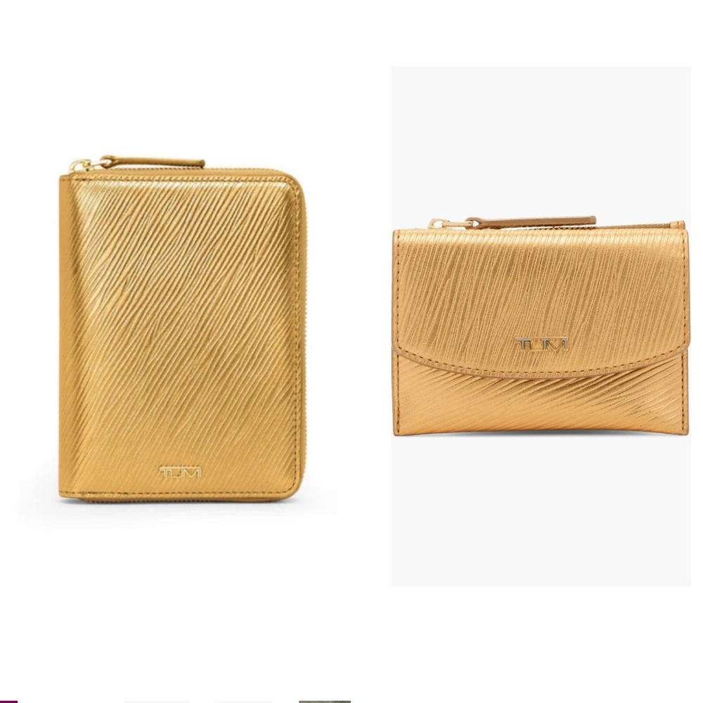 TUMI Belden Zip-Around Passport Case + TUMI Flap Card Case Gold NWT